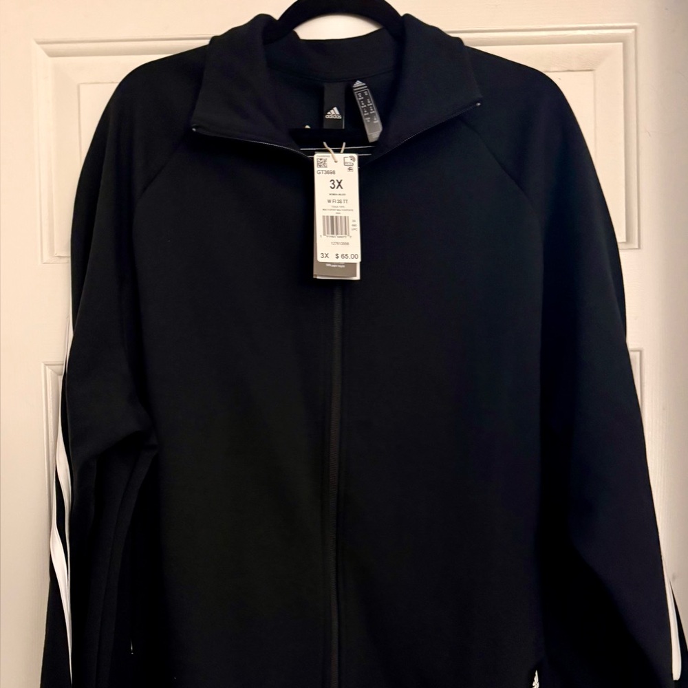 Adidas Black Jacket and Pants with White Stripes. Jacket has tag pants do not.